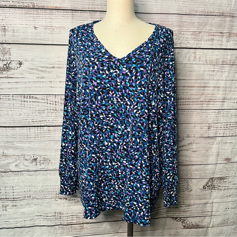 Susan Graver 1X Long Sleeve Multi Color Shirt V Neck Liquid Knit
